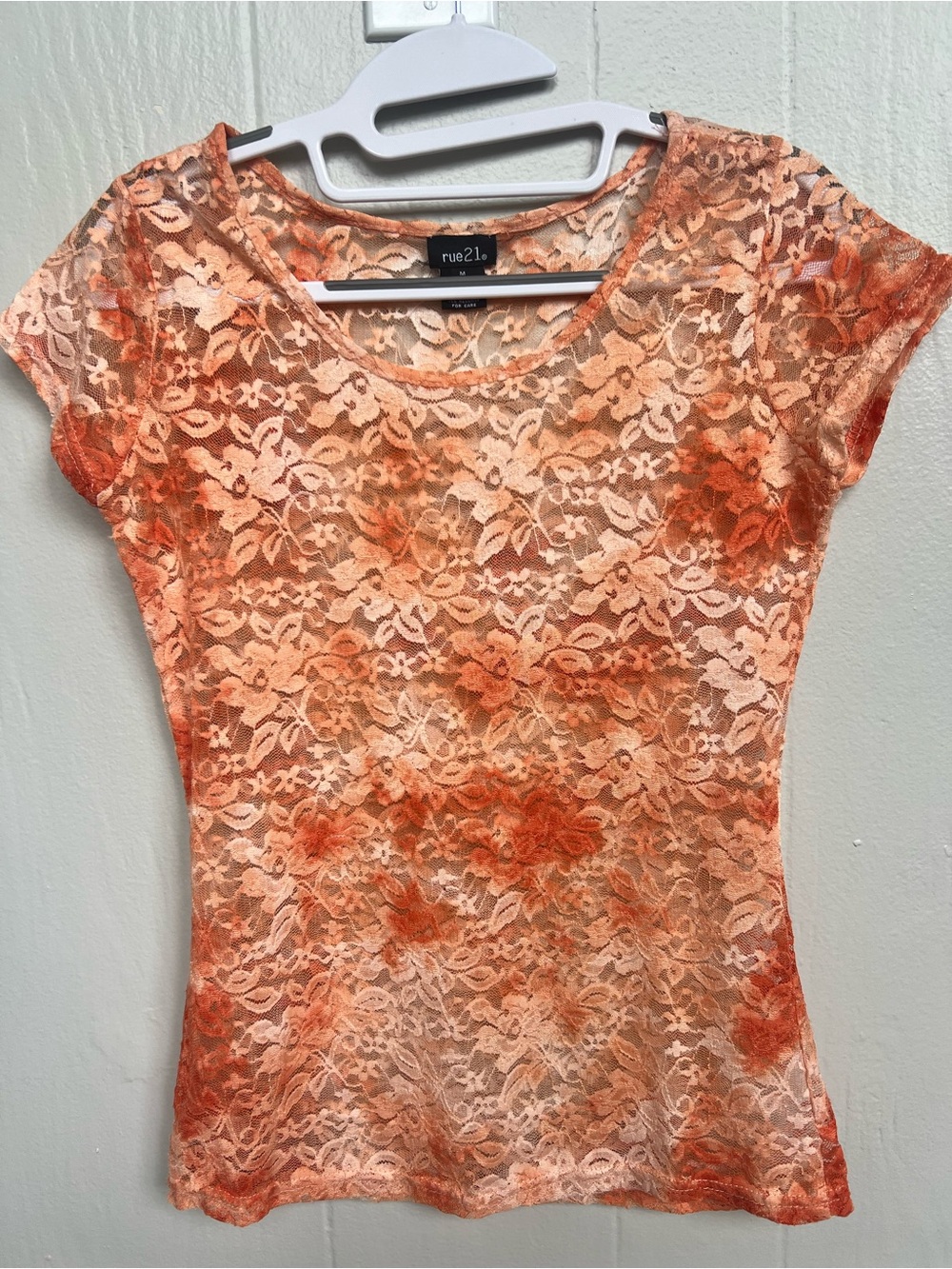 Peach-Orange Floral Lace Short Sleeve Top